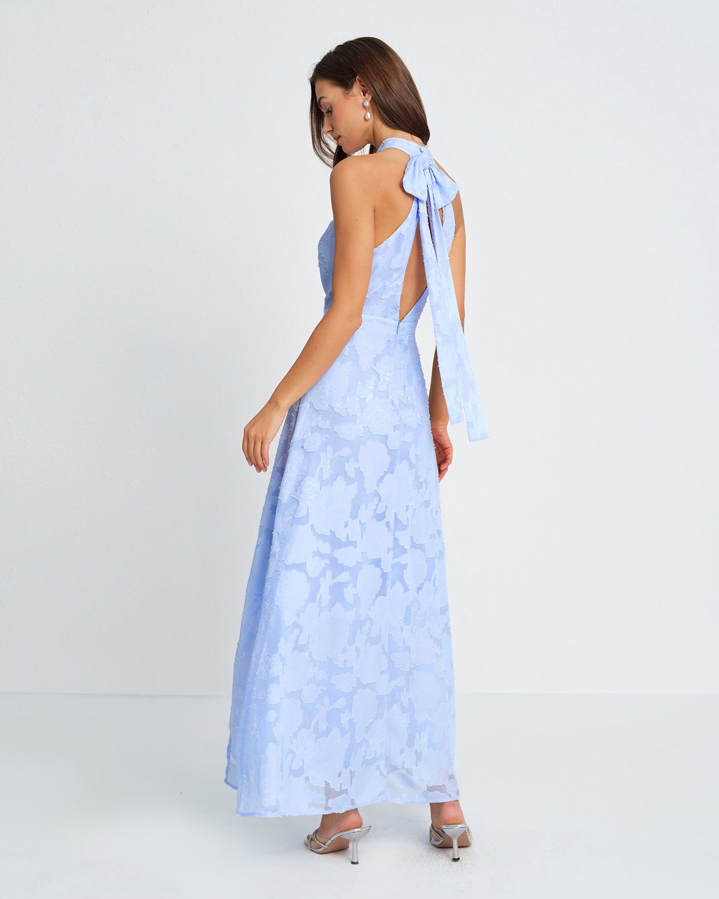 Blue Jacquard Maxi Dress with Open Back - view 3