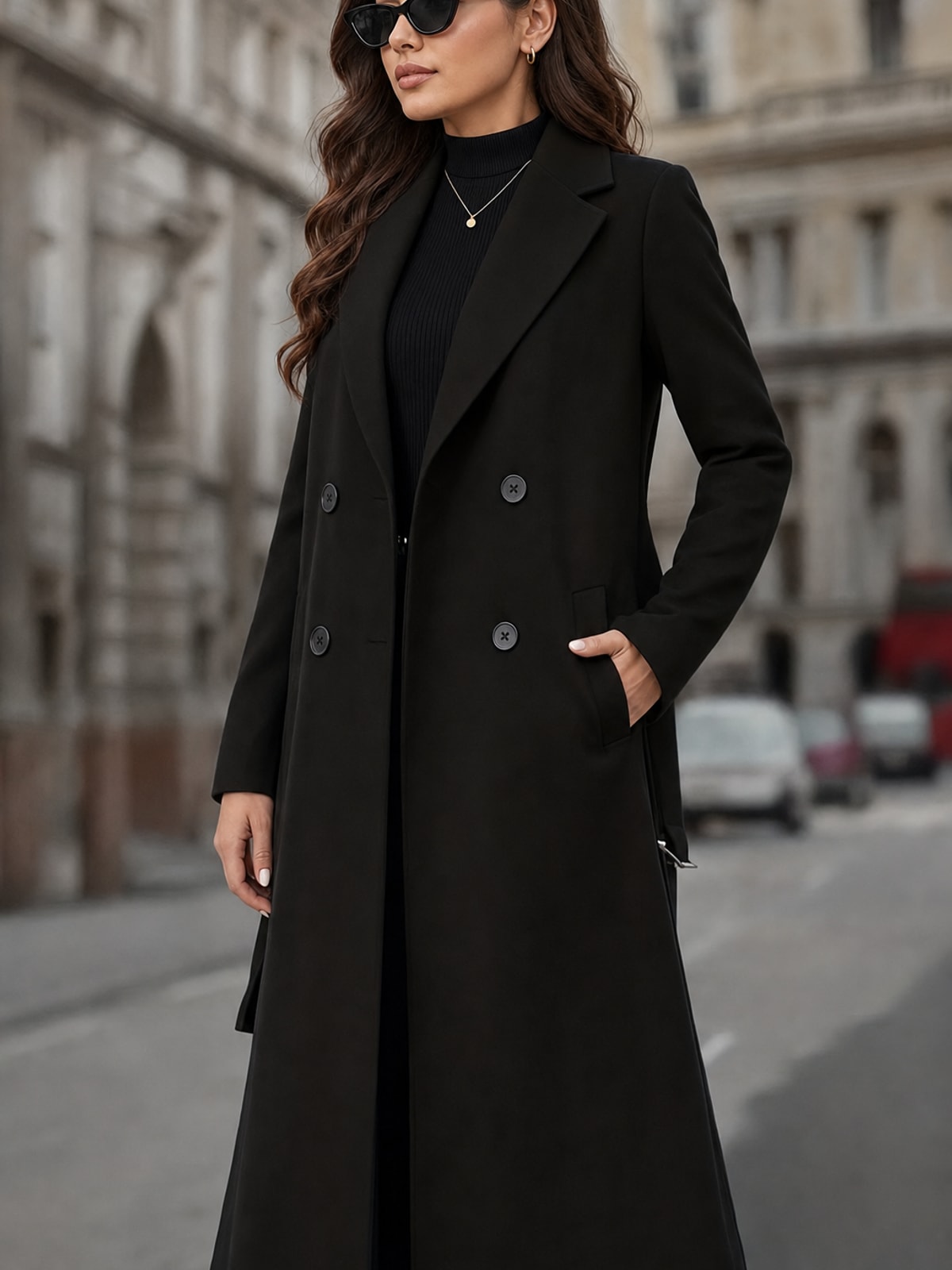 Elegant Women's Double-Breasted Long Coat With Tailored Fit - 2