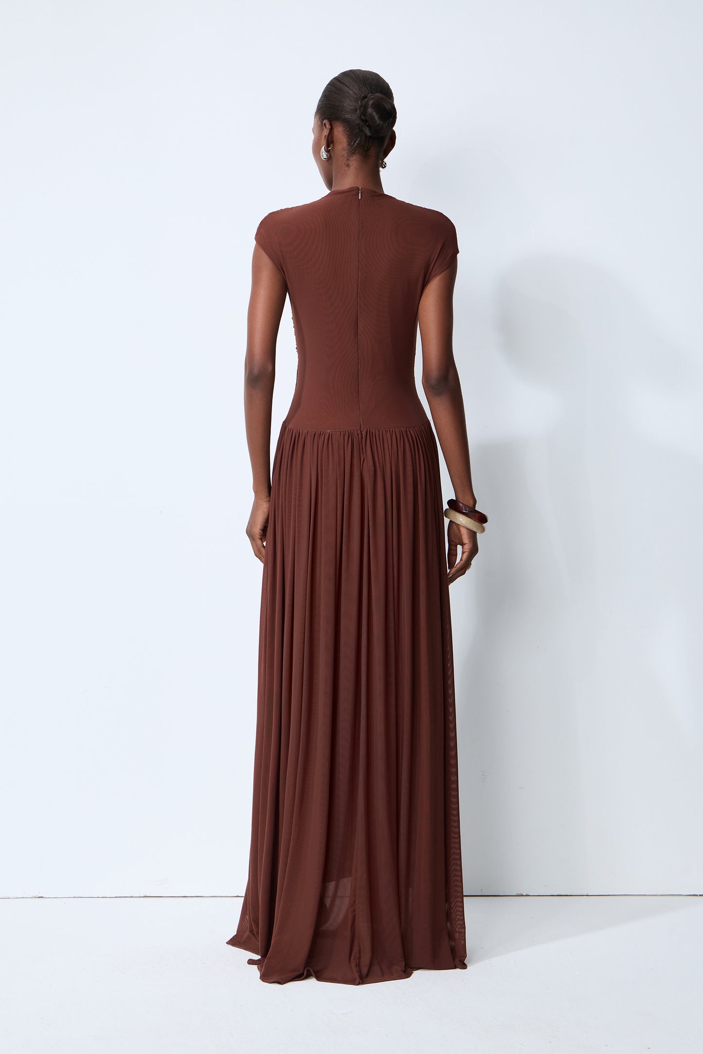 Brown Ruched Knit Maxi Dress, High Neck - view 4