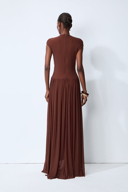 Brown Ruched Knit Maxi Dress, High Neck - view 4