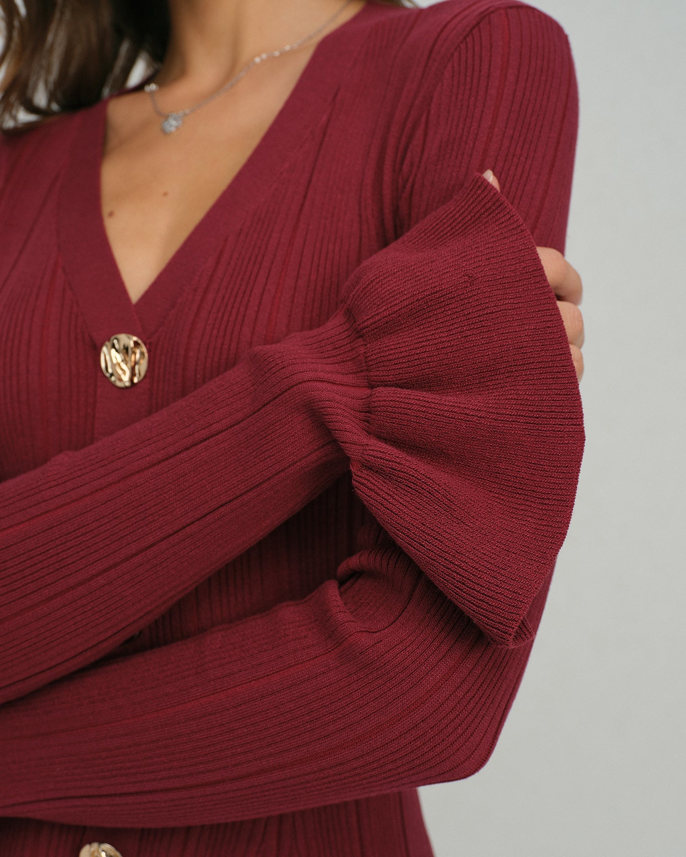 Wine red A-line bell sleeve knit mini dress - view 5