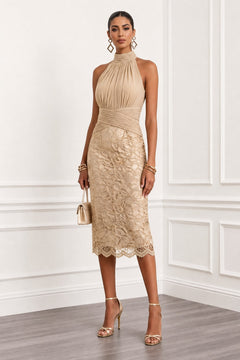 Sequin Lace Halter Neck Midi Dress - 2