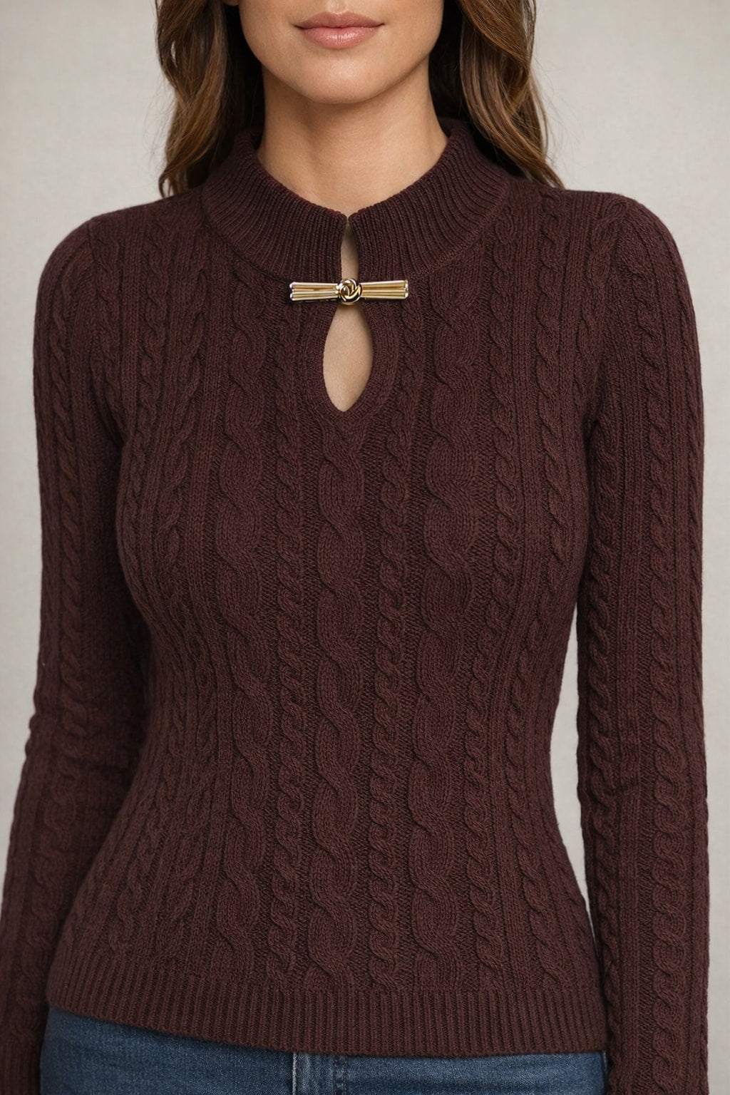 Knit Pullover Sweater With Stand Collar And Hollow Front - 6