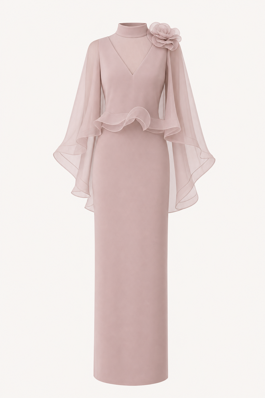 Floral Mesh Cape Sleeve Maxi Dress in Pink