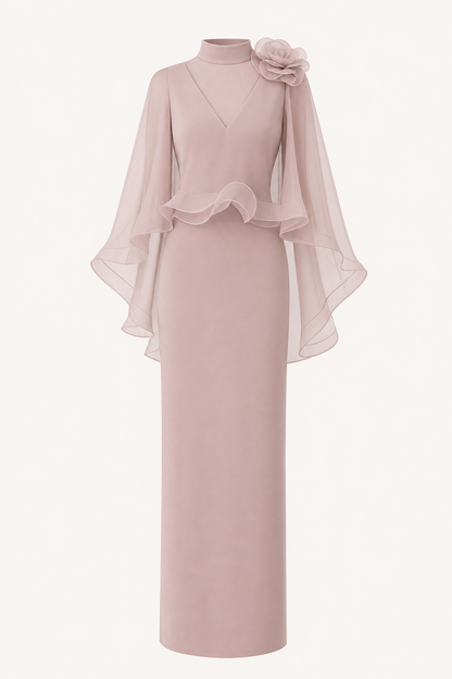 Floral Mesh Cape Sleeve Maxi Dress in Pink