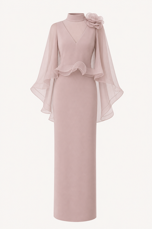Floral Mesh Cape Sleeve Maxi Dress in Pink