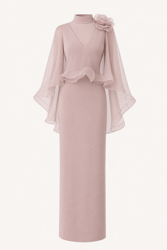 Floral Mesh Cape Sleeve Maxi Dress in Pink