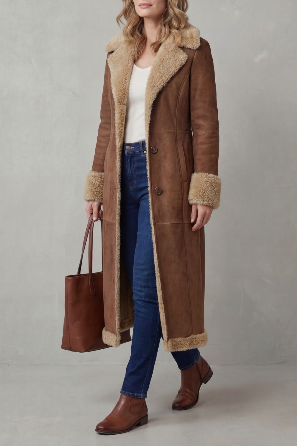 Brown Shearling Lined Longline Coat - view 4