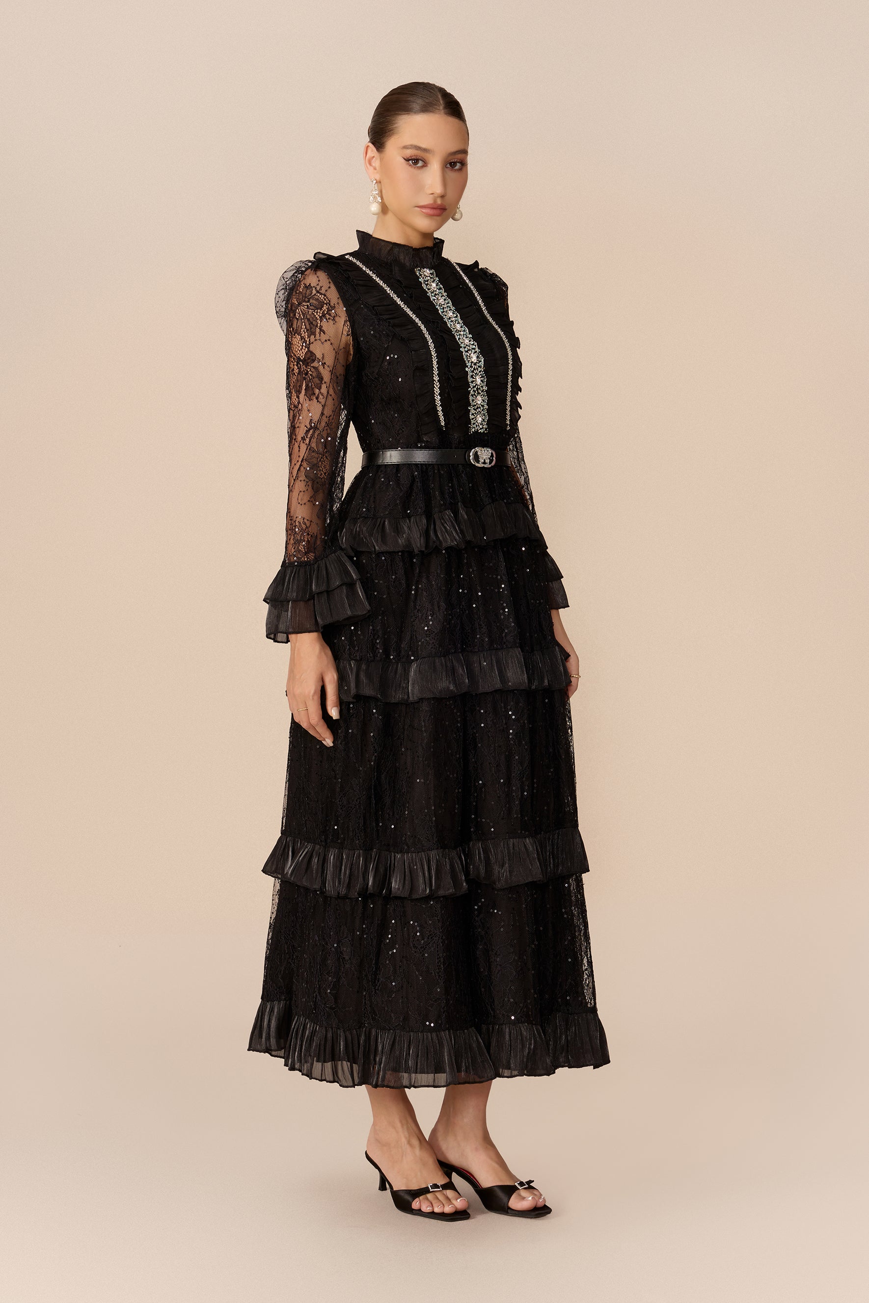 Ruffle Collar Tiered Lace Maxi Dress - view 2