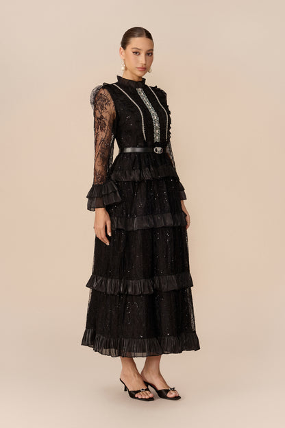 Ruffle Collar Tiered Lace Maxi Dress - view 2