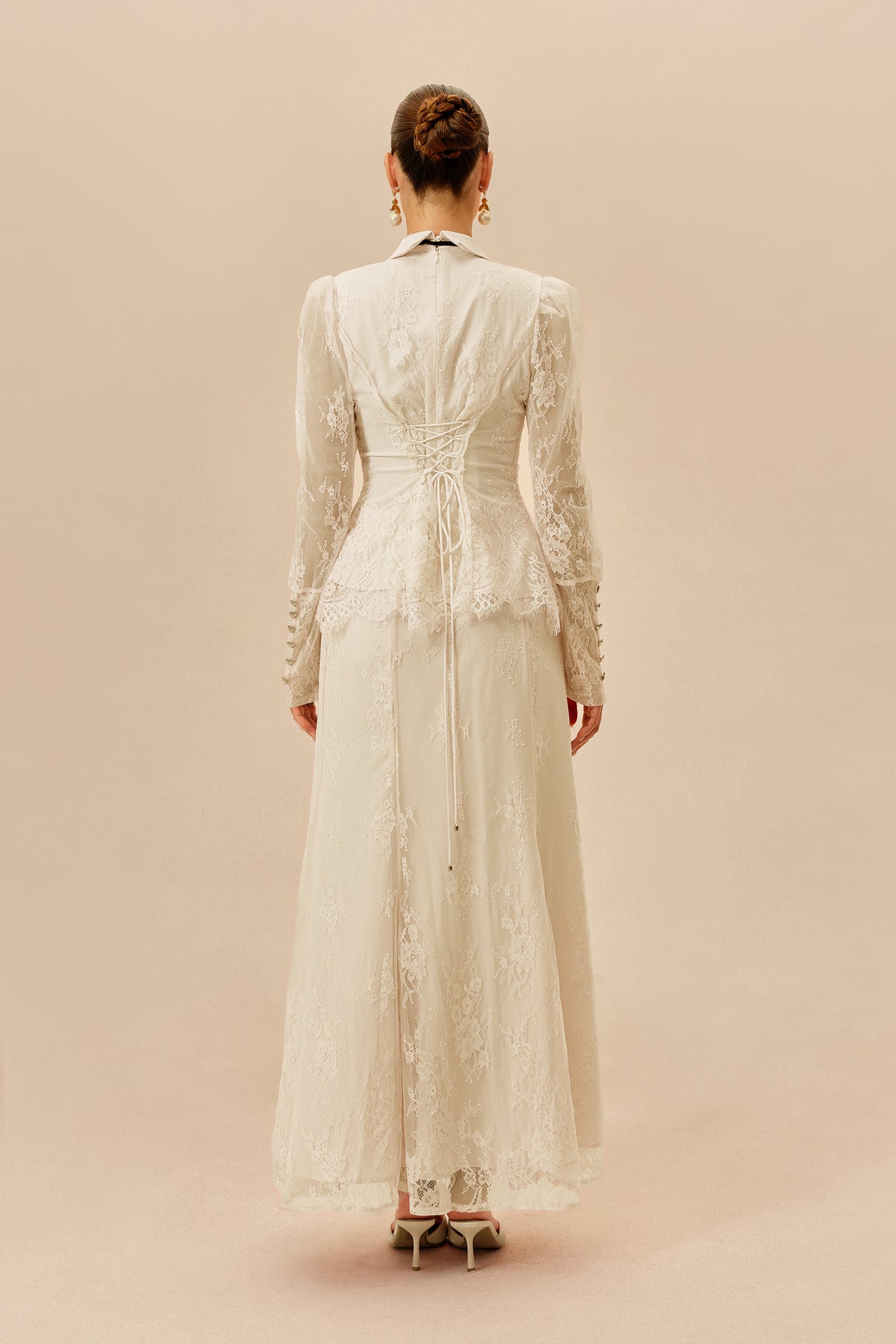 Lace Two-Piece Set With Shirt Collar and Tie Detail - 4