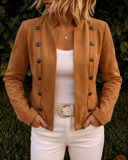 Brown Faux Suede Jacket with Stand Collar - view 2