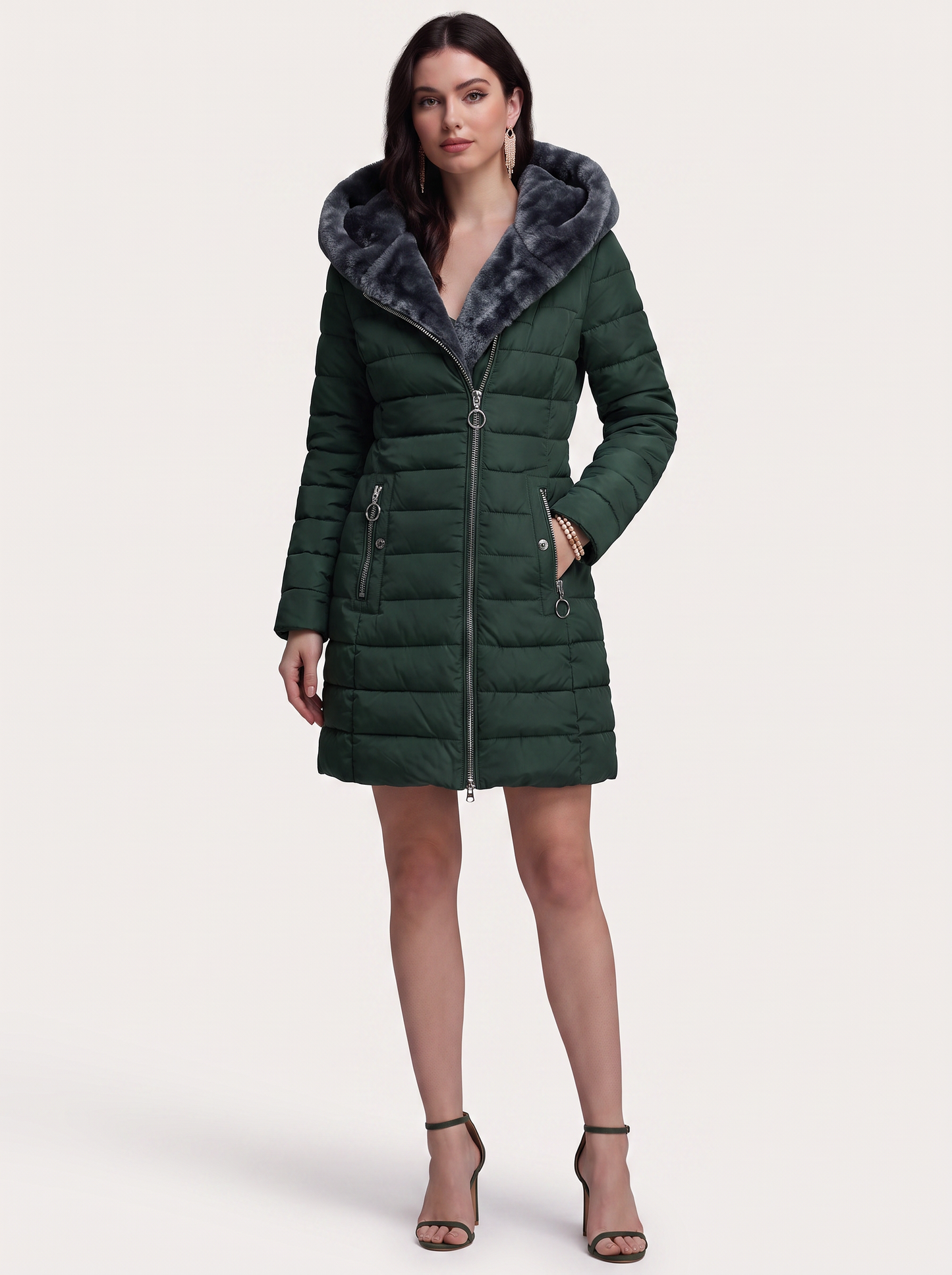 Faux Fur Lined Hooded Puffer Coat, Slim Fit - view 3
