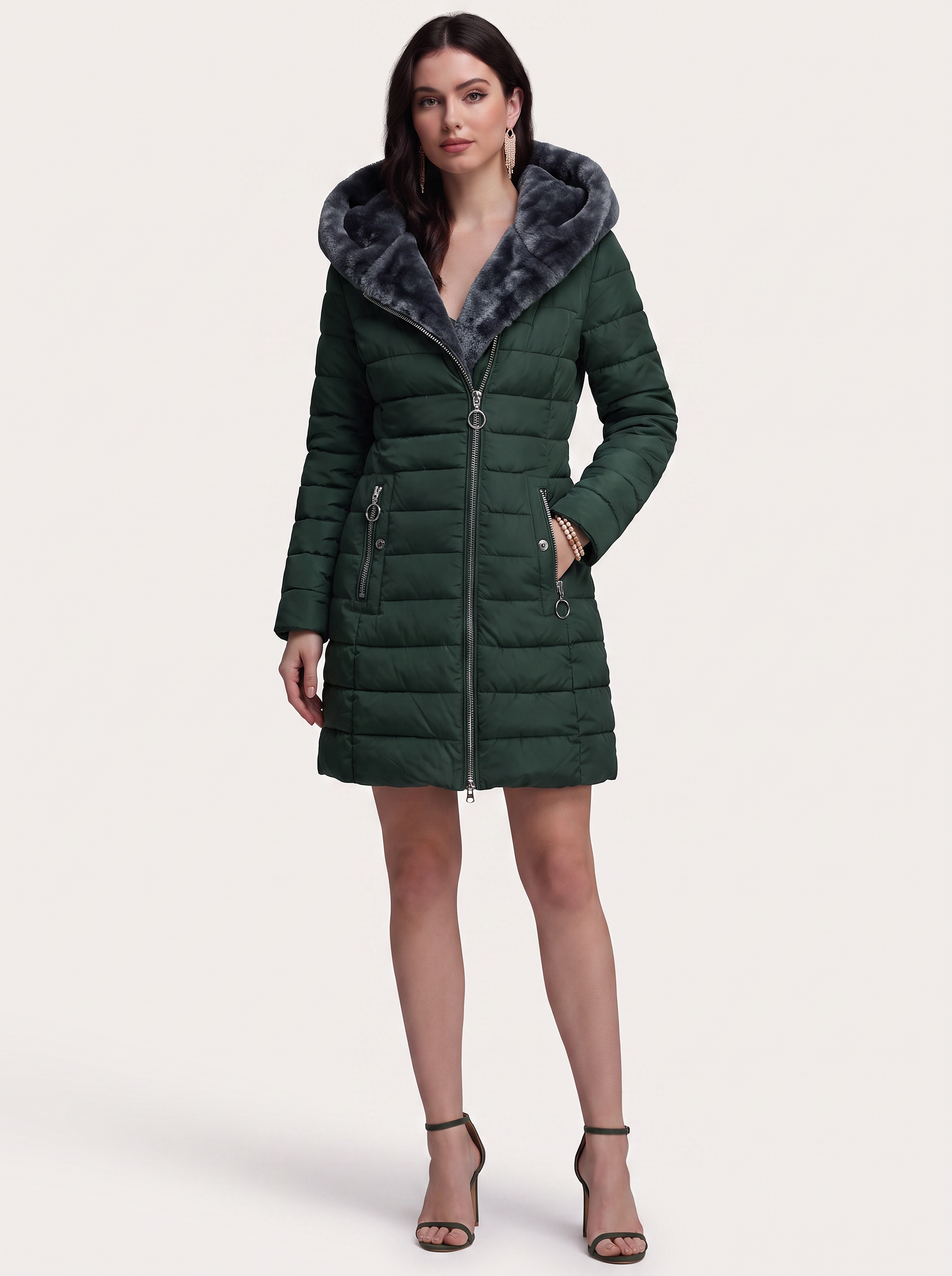 Faux Fur Lined Hooded Puffer Coat, Slim Fit - view 3