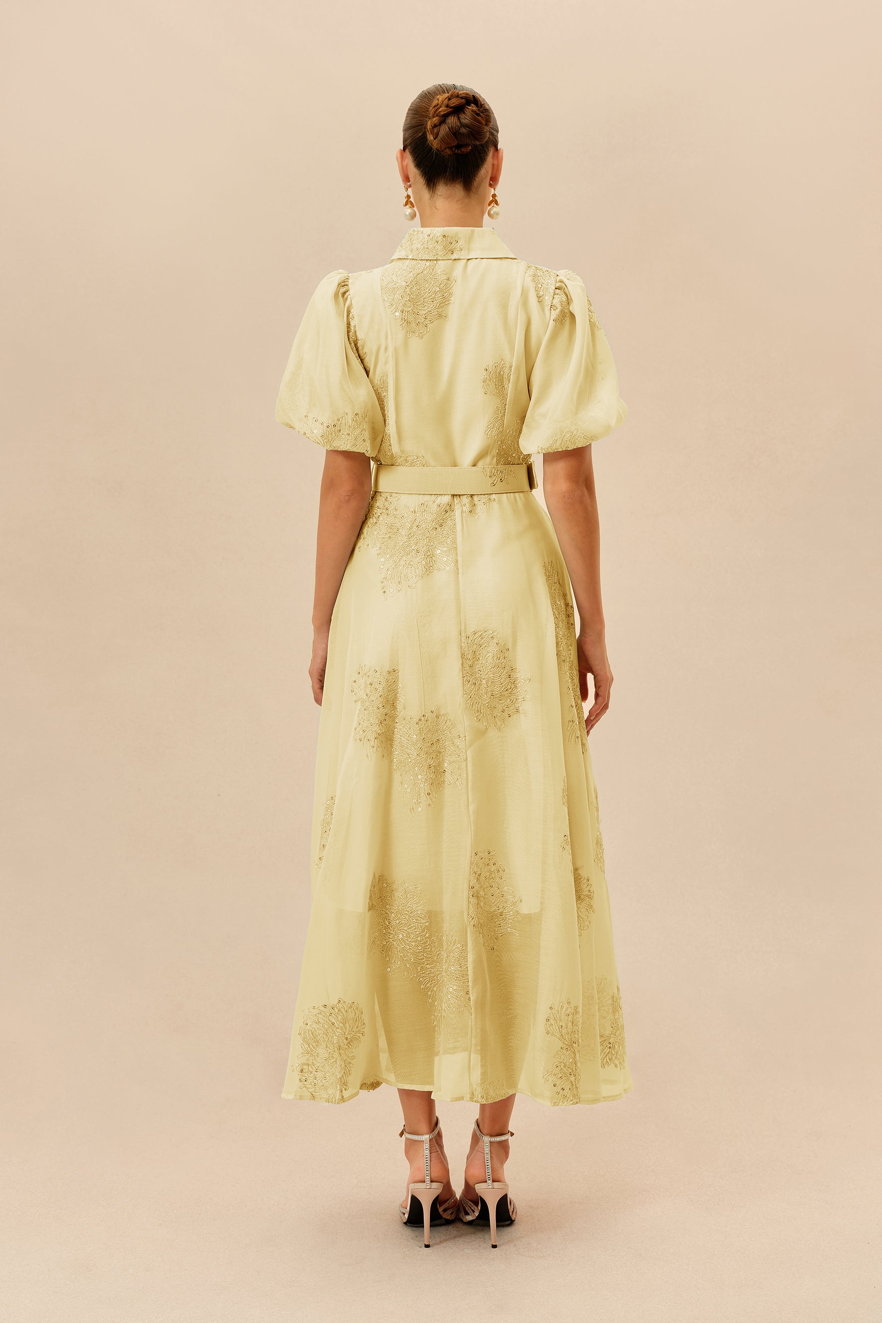 Yellow embroidered puff sleeve maxi shirt dress - view 4