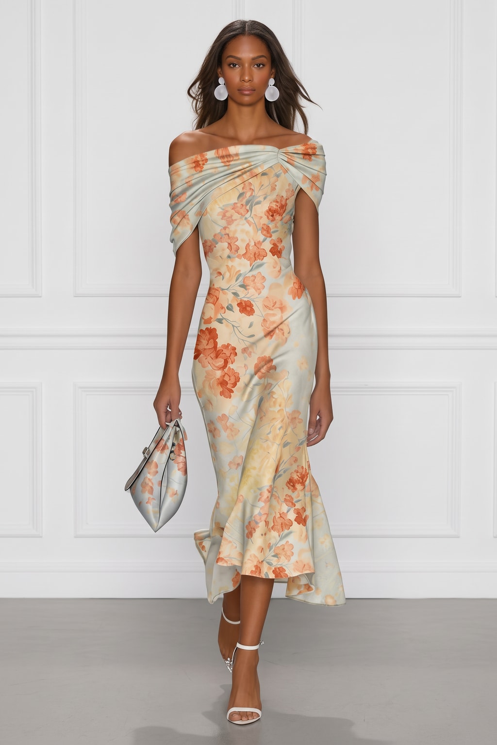 Polyester Midi Dress With Floral Mermaid Cut - 1