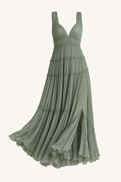Pleated V-Neck Maxi Dress With Tiered Skirt