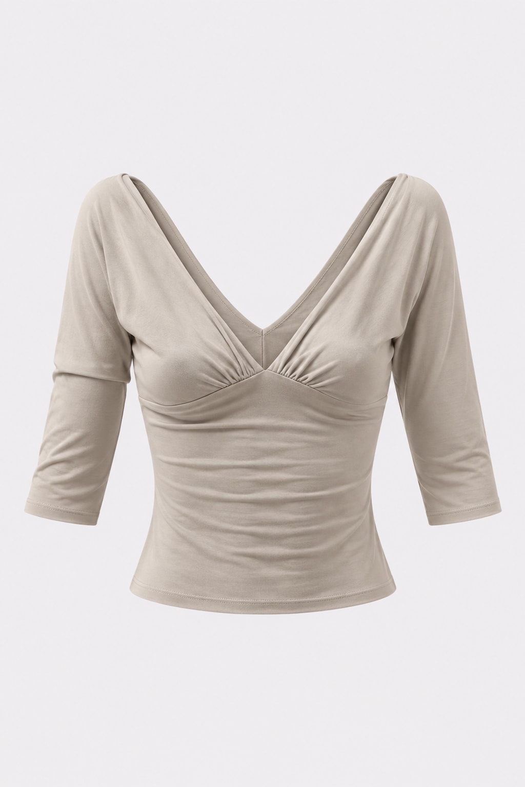 Fitted jersey crop top with a wide deep V neckline worn off the shoulder and ruching under the bust