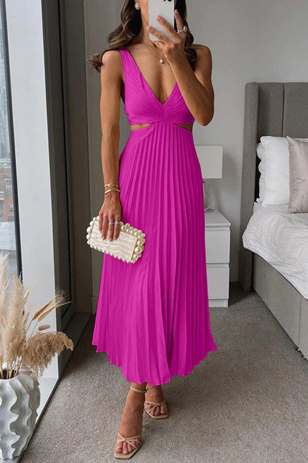 Satin pleated maxi dress with cutout waist - view 4