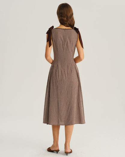 Brown Gingham Midi Dress with Tie Belt - view 4