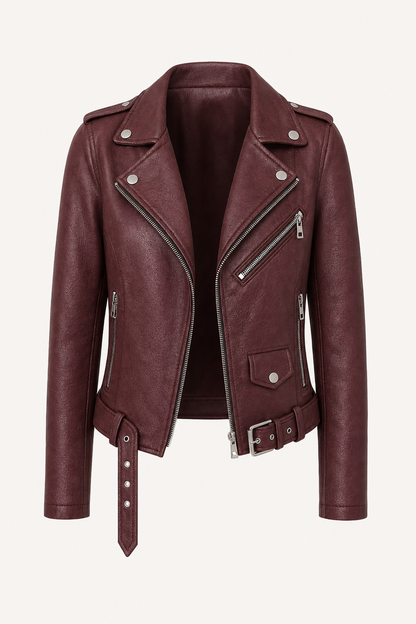 Leather jacket with stand collar and belted waist
