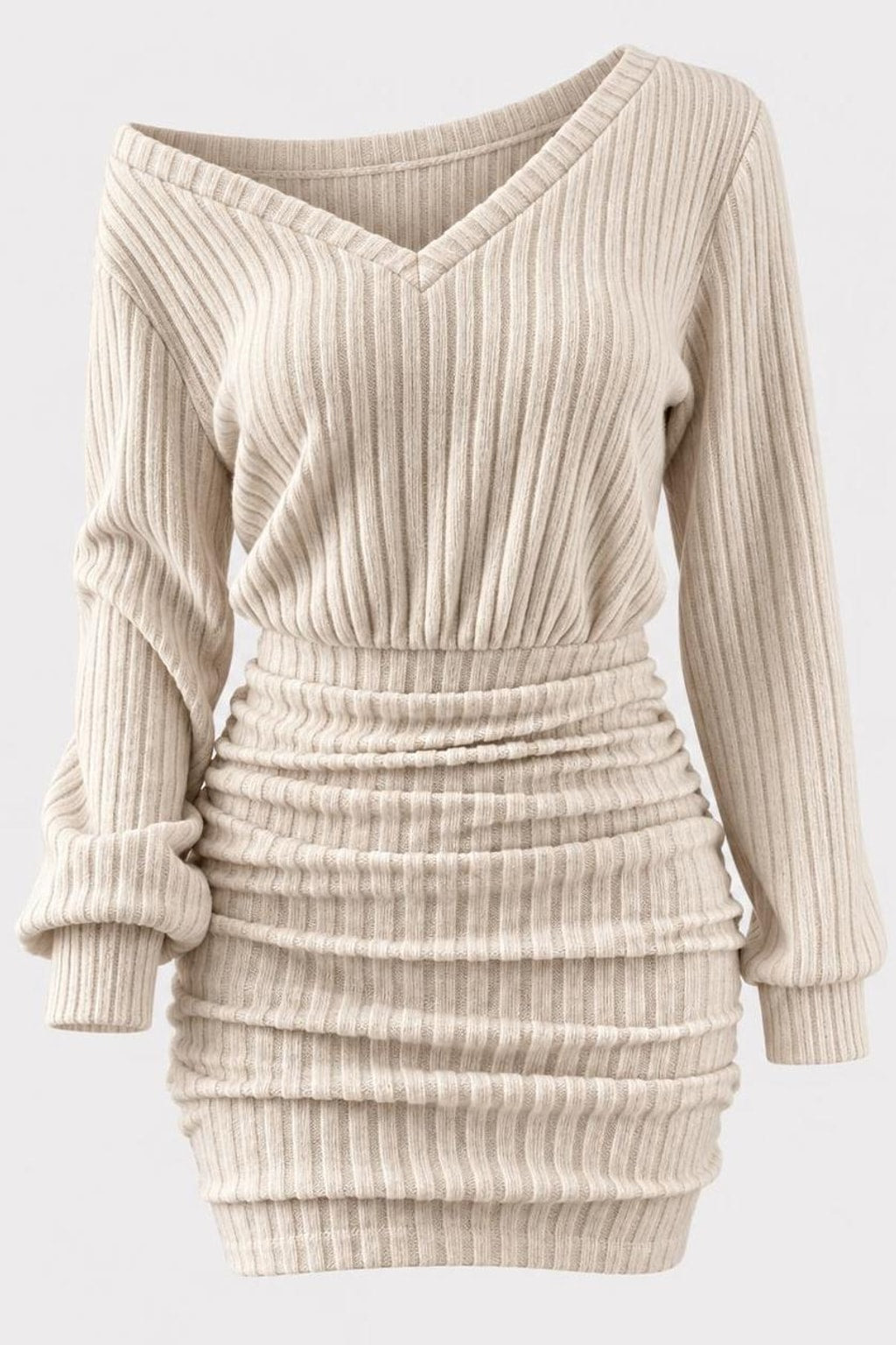 Knitted Wrap V-Neck Bodycon Mini Dress - 1