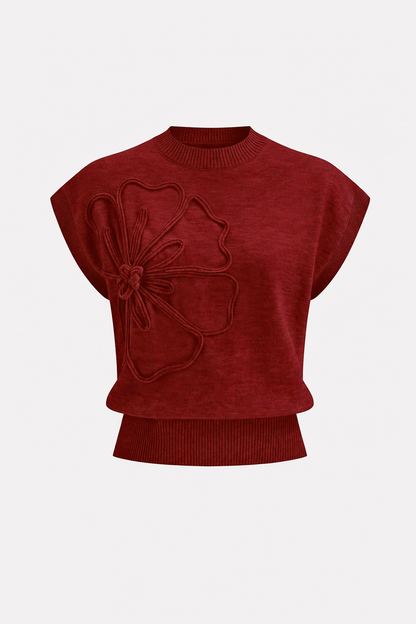 Flower Applique Cap Sleeve Knit Top - view 5