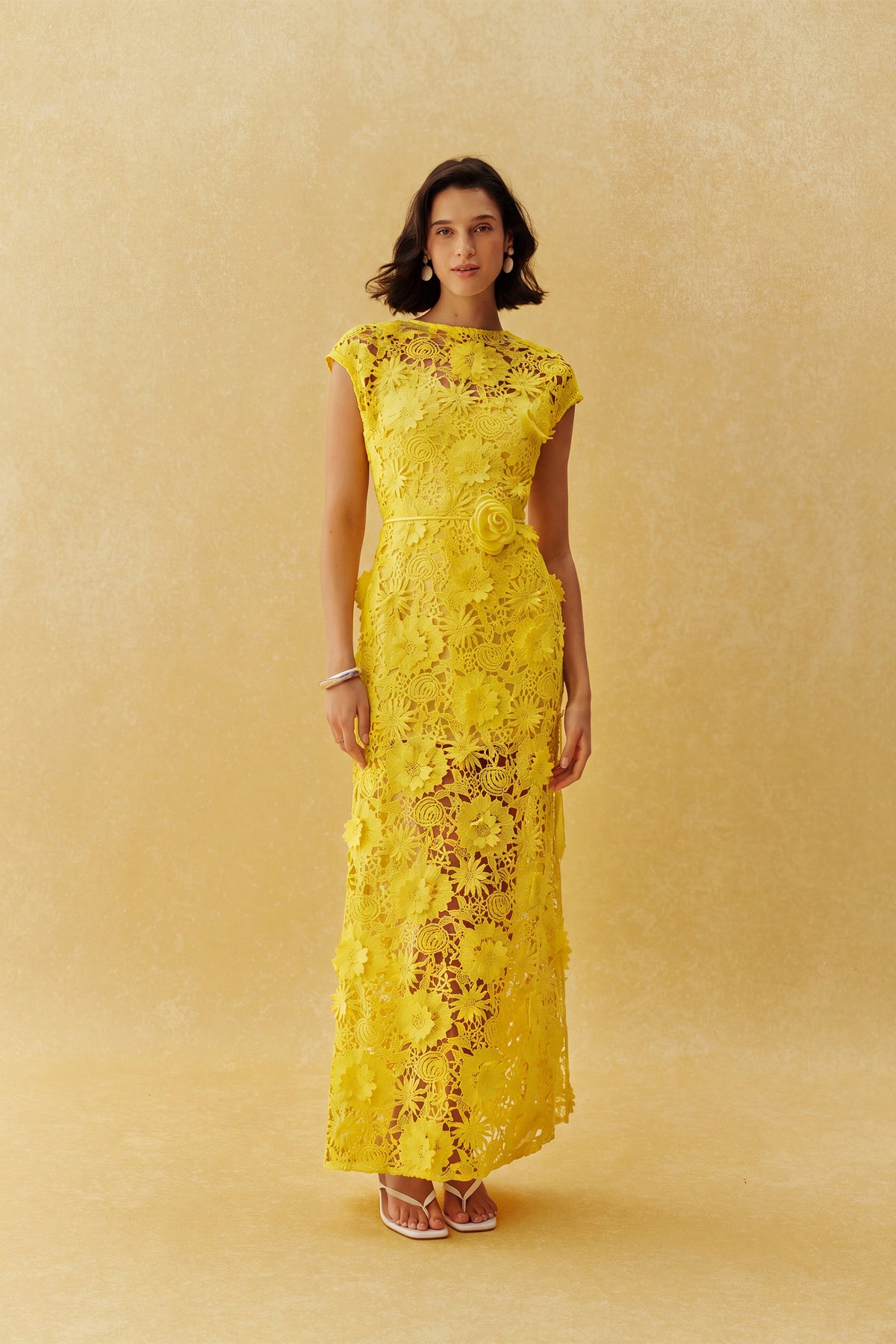 Yellow floral lace maxi dress with belt - view 2