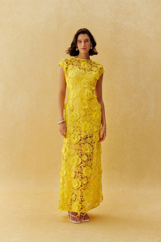 Yellow Floral Lace Maxi Dress With Cap Sleeves & Belt - 2