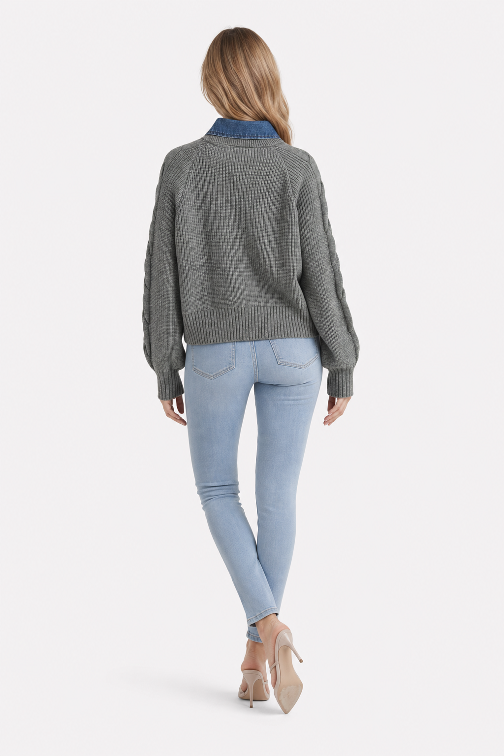 Denim Panel Sweater with Ribbed Lapel - view 4