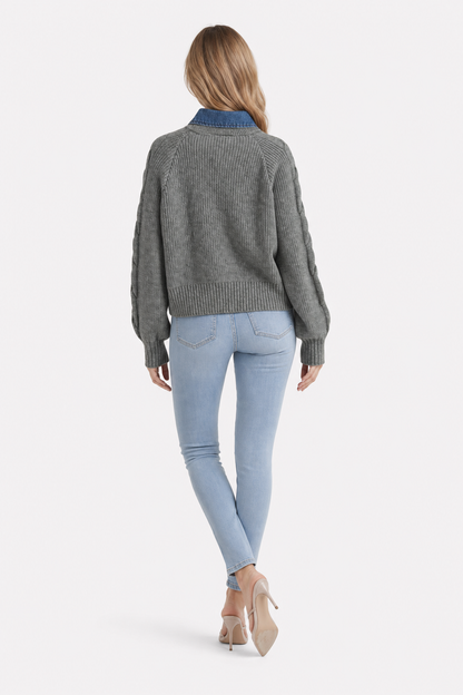 Denim Panel Sweater with Ribbed Lapel - view 4
