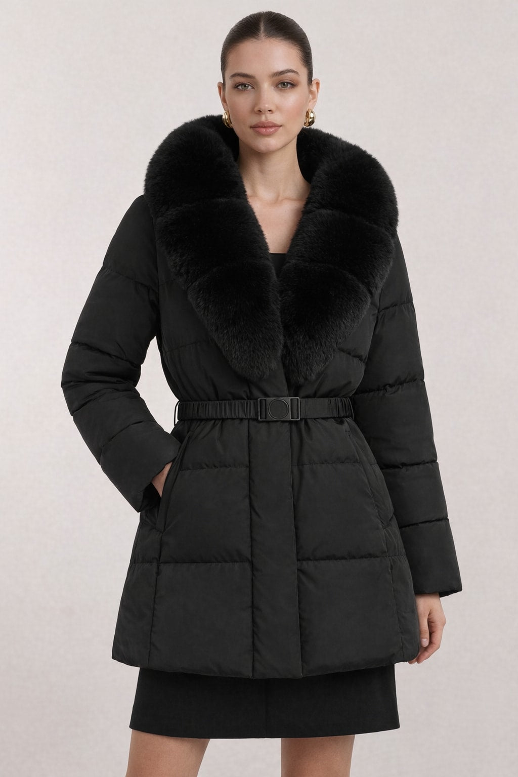 Cotton Mid-Length Jacket With Oversized Fur Collar - 5