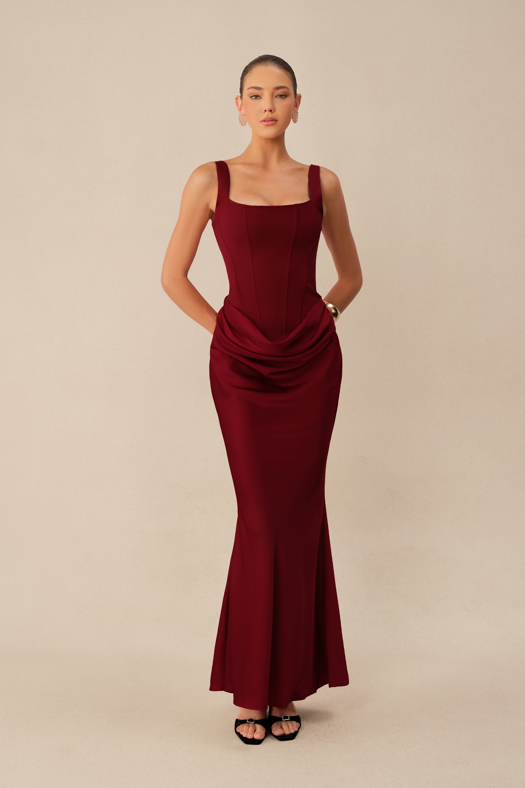 Red square neck corset maxi dress with draped waist - view 2