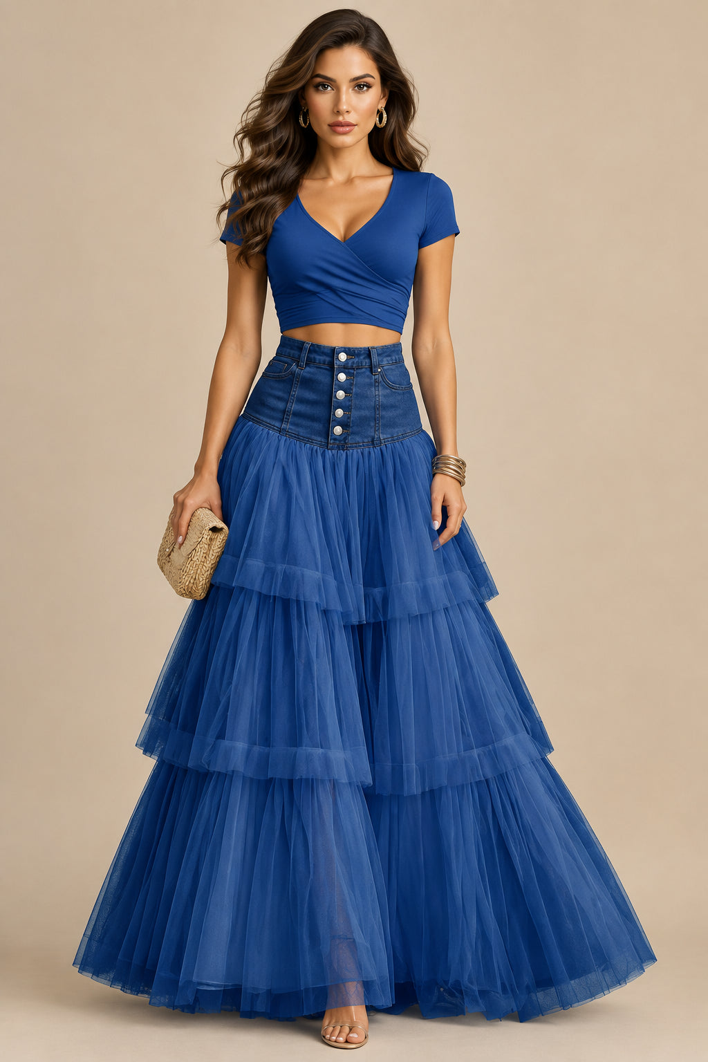 Cotton Blend Maxi Skirt With Tiered Mesh - 5