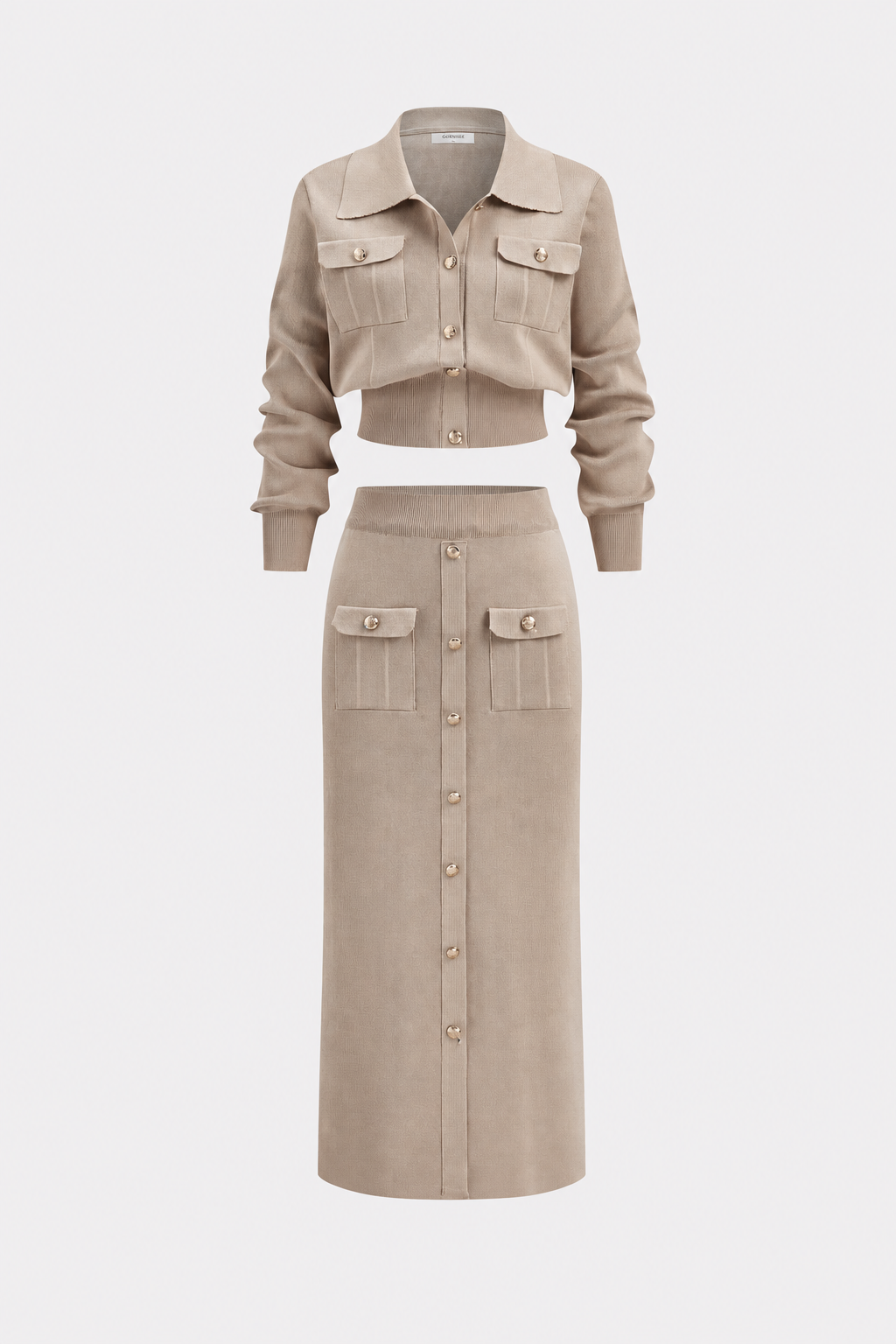 Collared Knit Cardigan and Midi Skirt Set