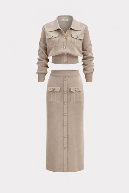 Collared Knit Cardigan and Midi Skirt Set