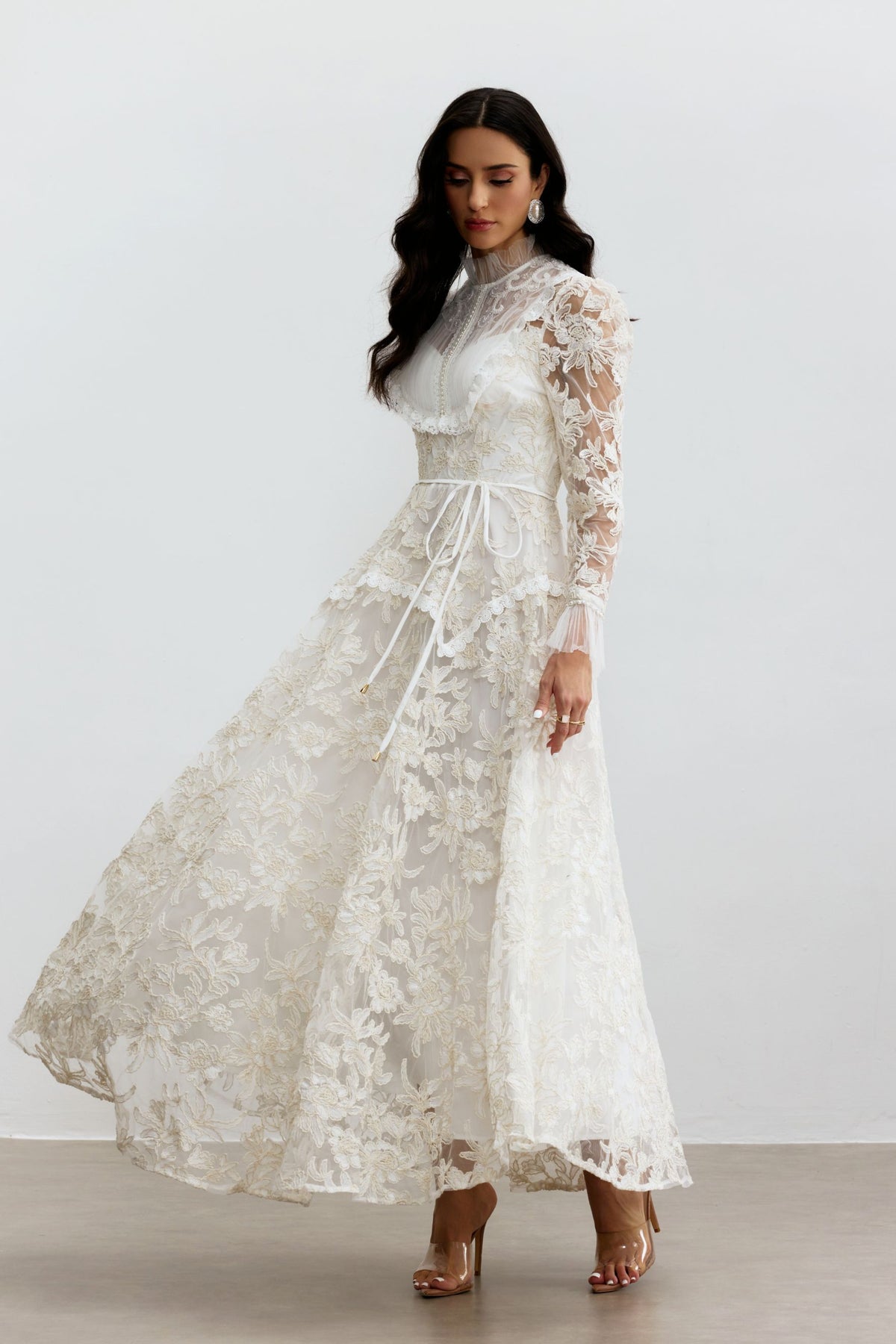 Floral Lace Mock Neck Maxi Dress with Pearls - view 5