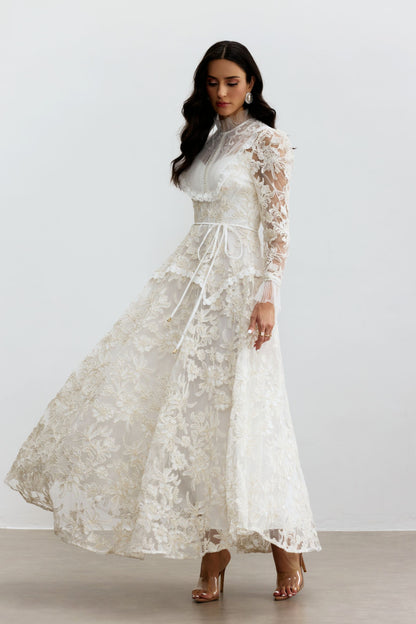 Floral Lace Mock Neck Maxi Dress with Pearls - view 5