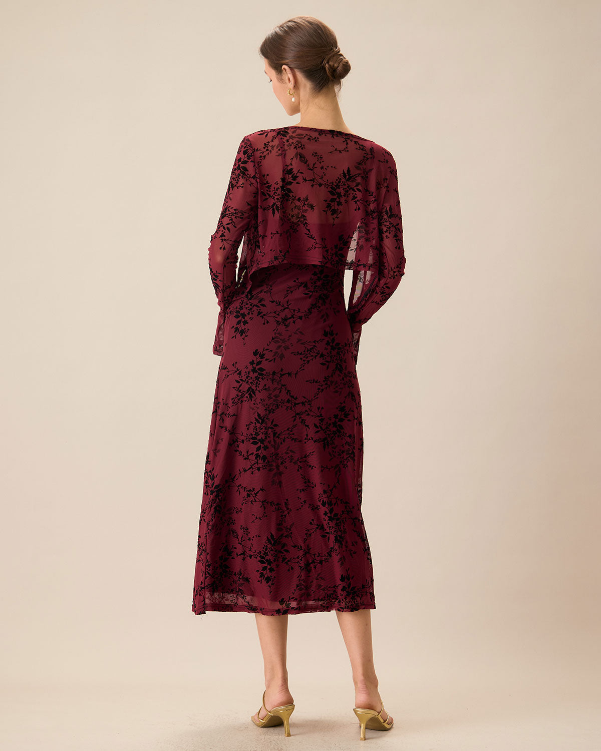 Wine red floral slip midi dress with matching cardigan - view 3