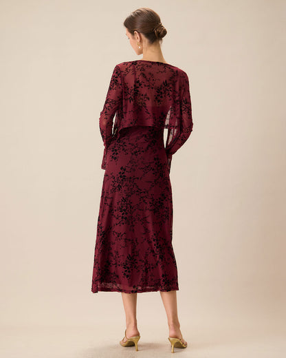 Wine red floral slip midi dress with matching cardigan - view 3