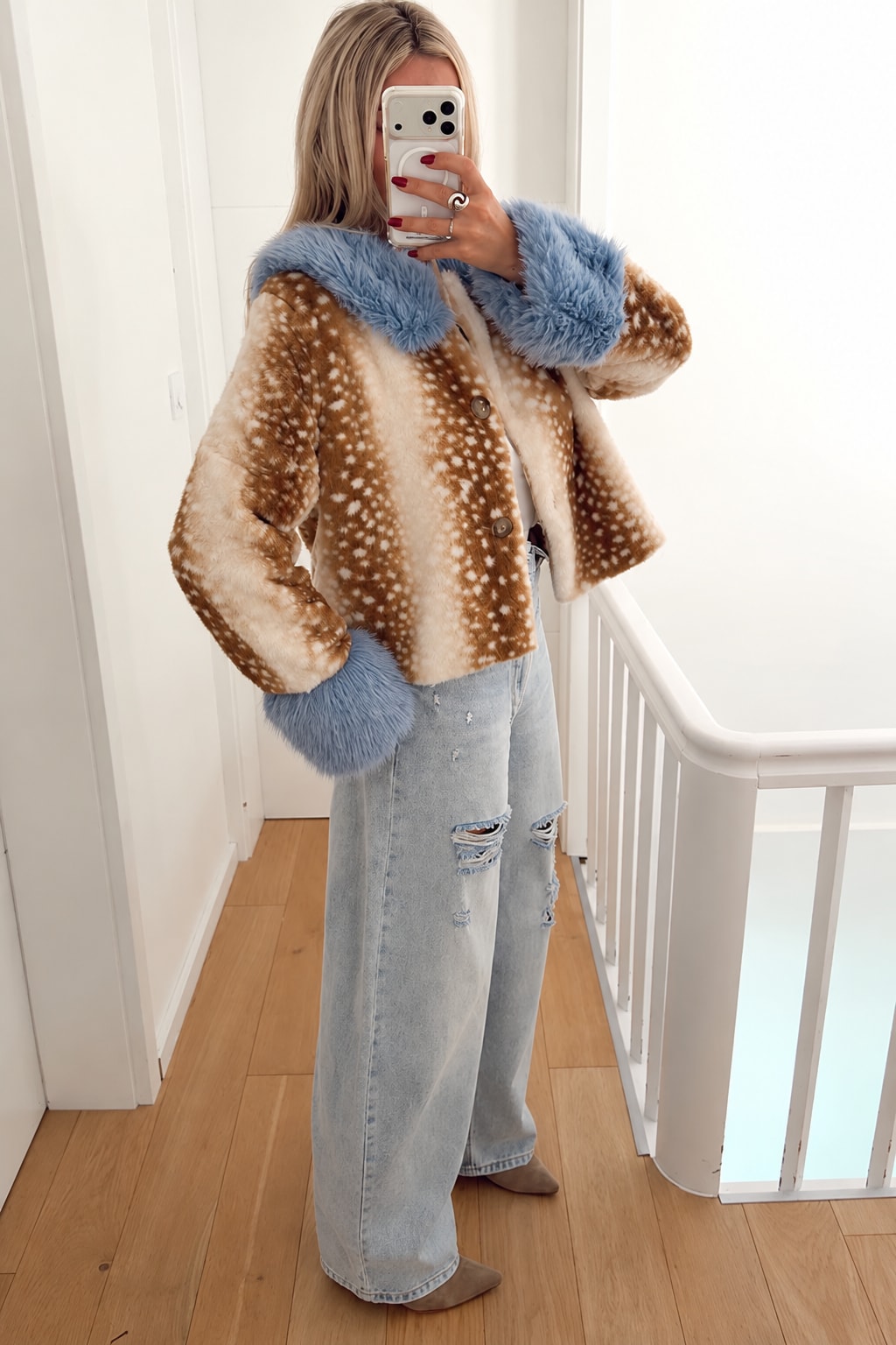 Faux Fur Coat Loose Faux Fur Collar Button Up - 6