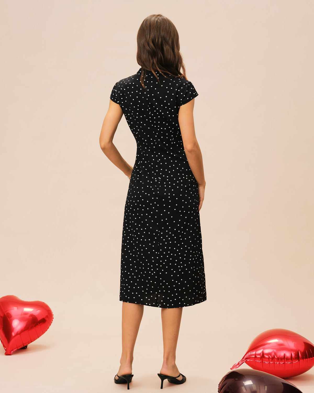 Black Polka Dot Mandarin Collar Midi Dress - view 3