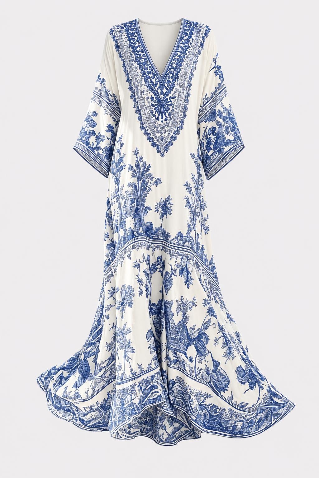 Polyester Maxi Dress With Wide Sleeves And V-Neck - 1