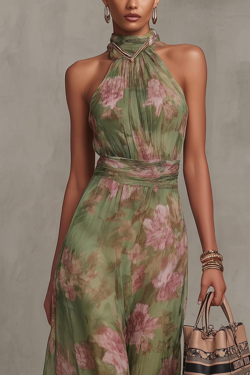Floral Halter Maxi Dress With Flared Skirt - 4