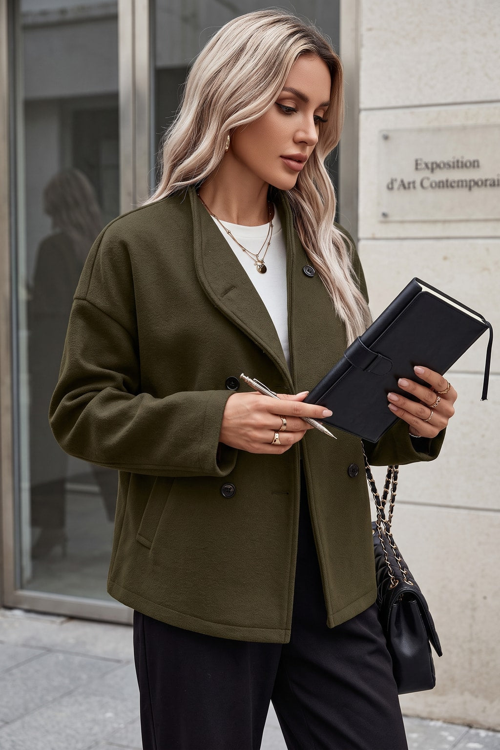 Cozy Dark Green Fleece Pea Coat With Stand Collar - 3