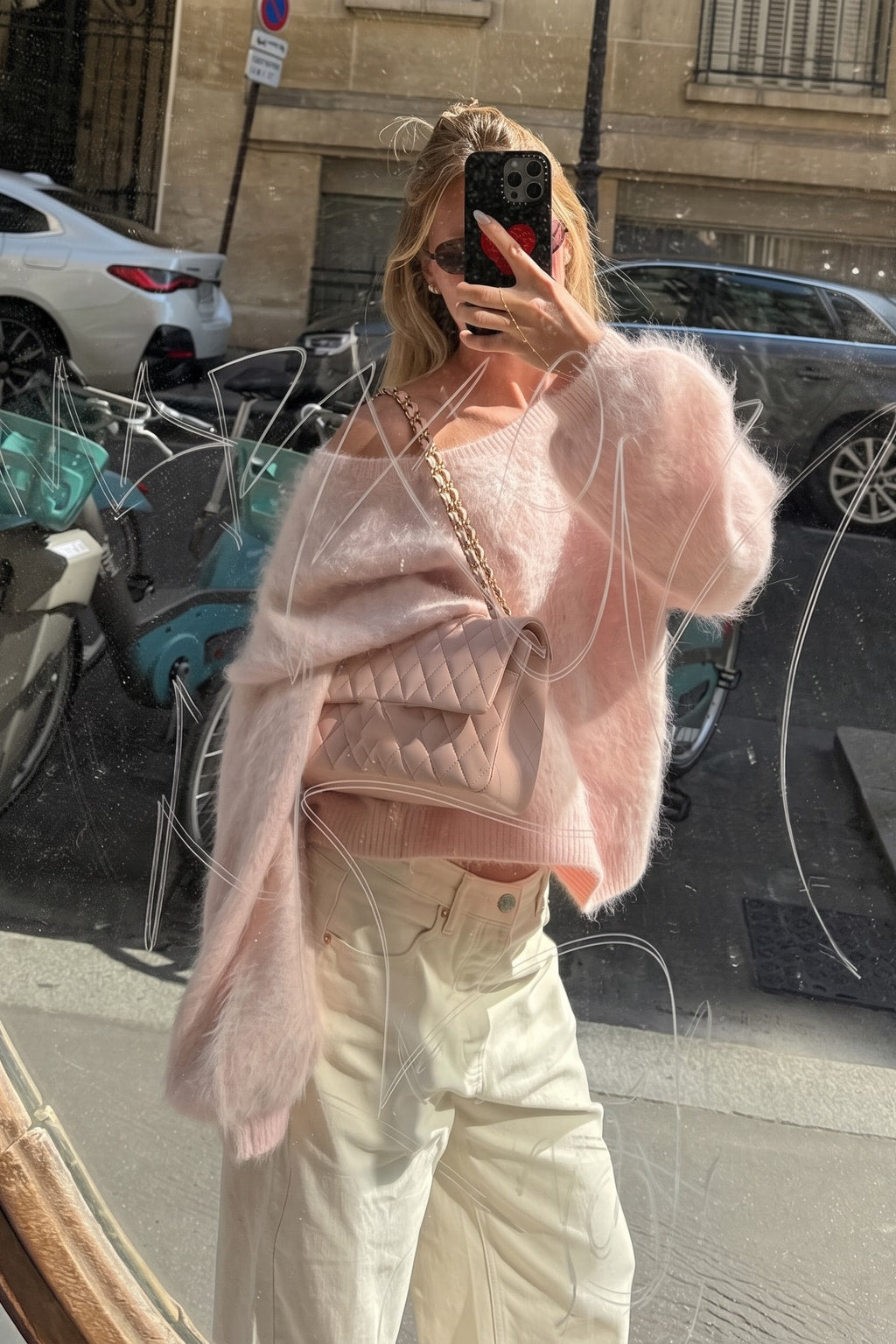 Oversized brushed mohair blend crew neck sweater in camel, brown, cream and yellow stripes