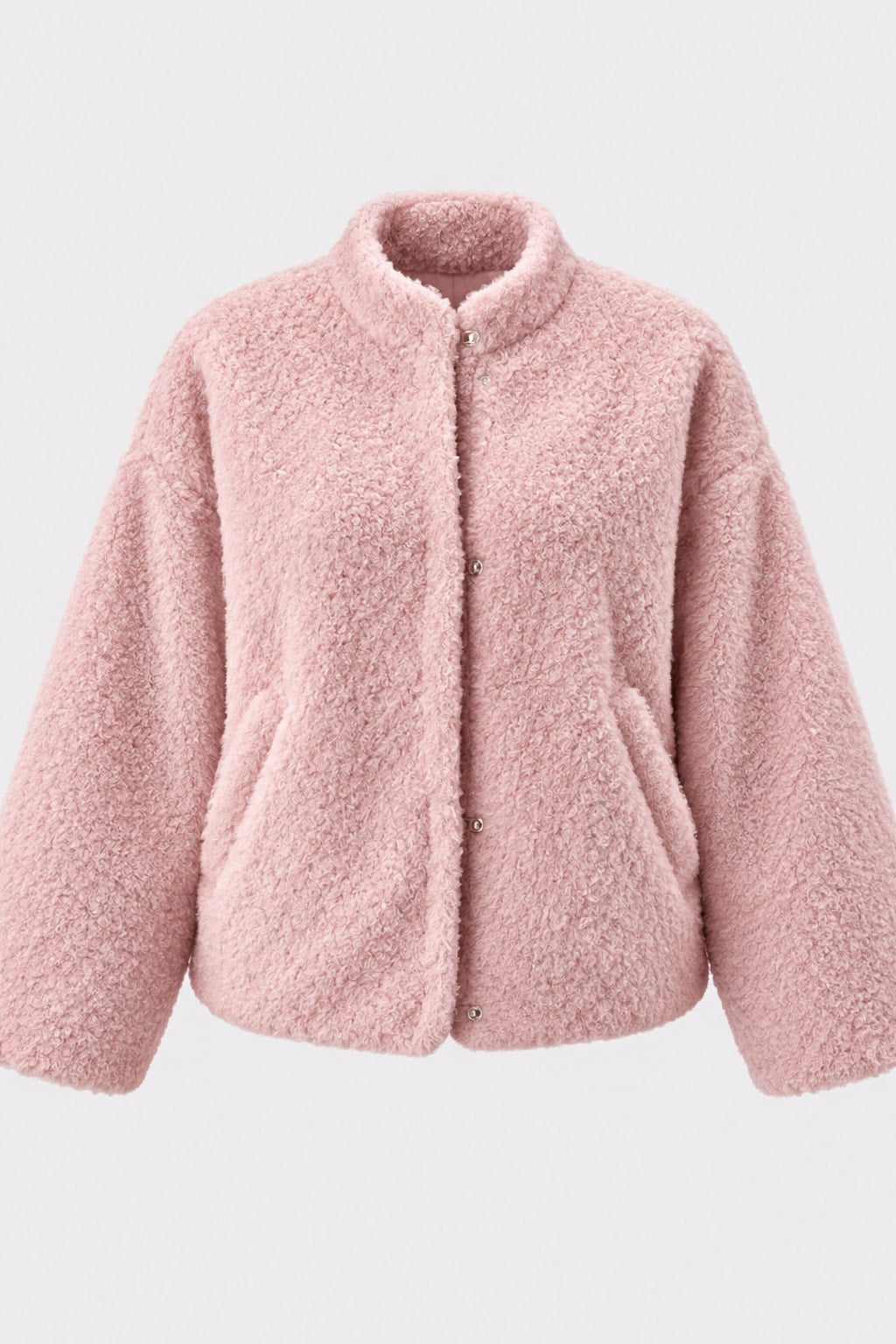 Pink boucle cropped bomber jacket with balloon sleeves, a collarless round neck and a snap front