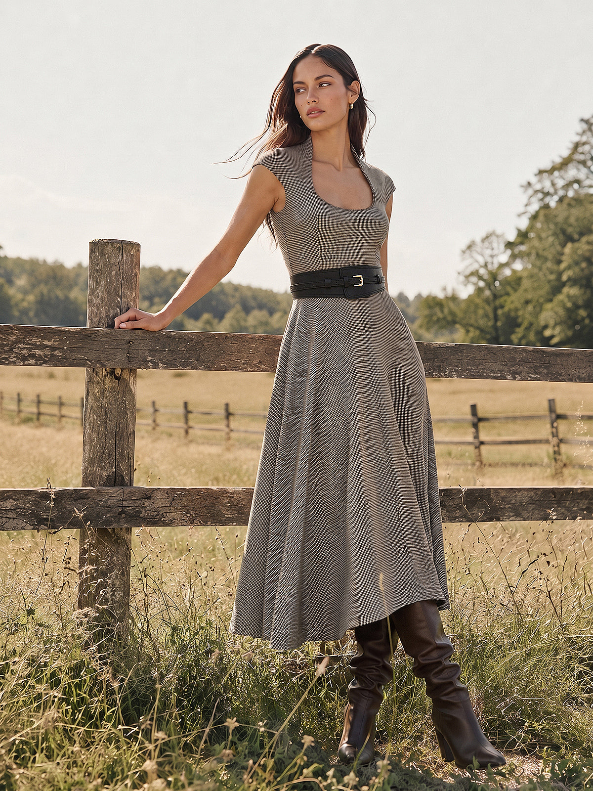 Houndstooth Jersey Midi Dress with Cut-Out - view 2
