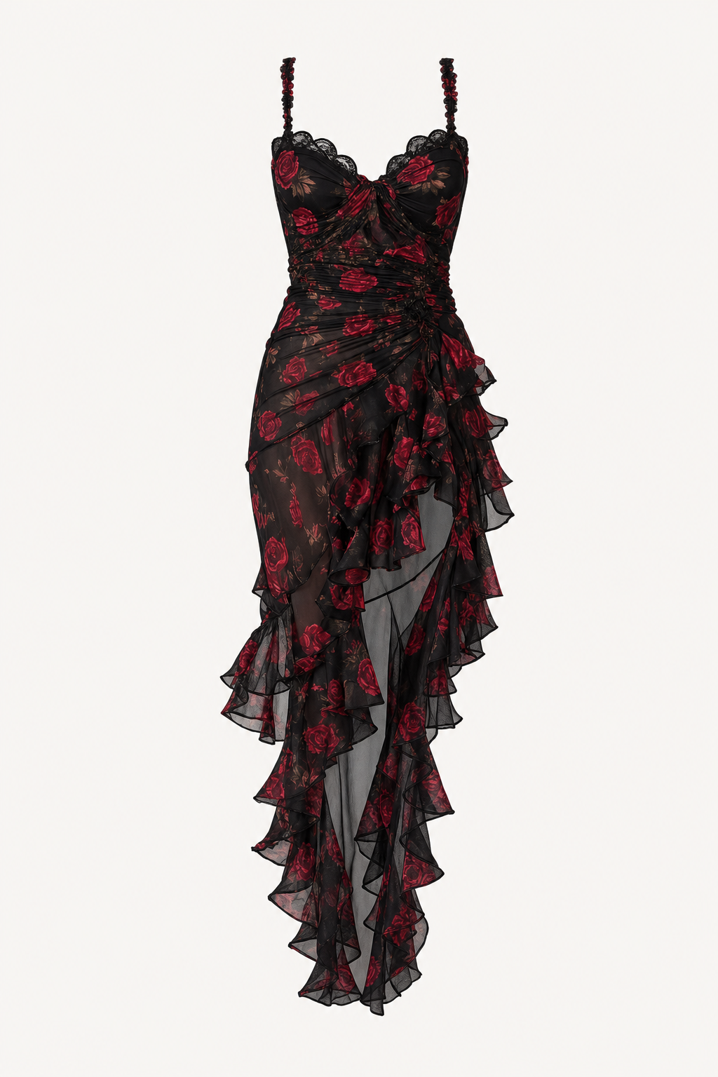 Black Floral Mesh Midi Dress with Ruffle Hem