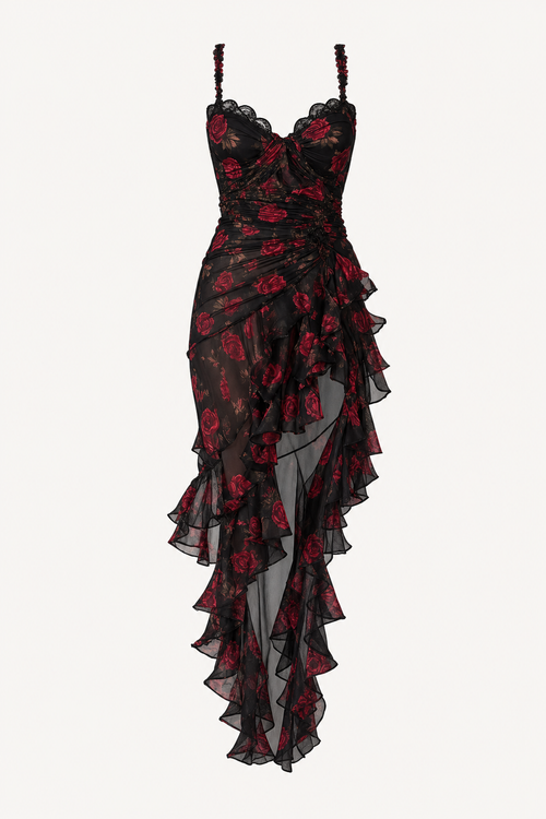 Black Floral Mesh Midi Dress with Ruffle Hem